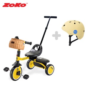 (세트)ZOKO 조코 폴딩 미니 세발자전거(옐로우)+유아동 어반헬멧(크림)+보호자밀대+라탄바구니